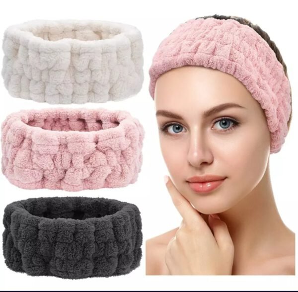 White, pink and black fluffy towel headband
